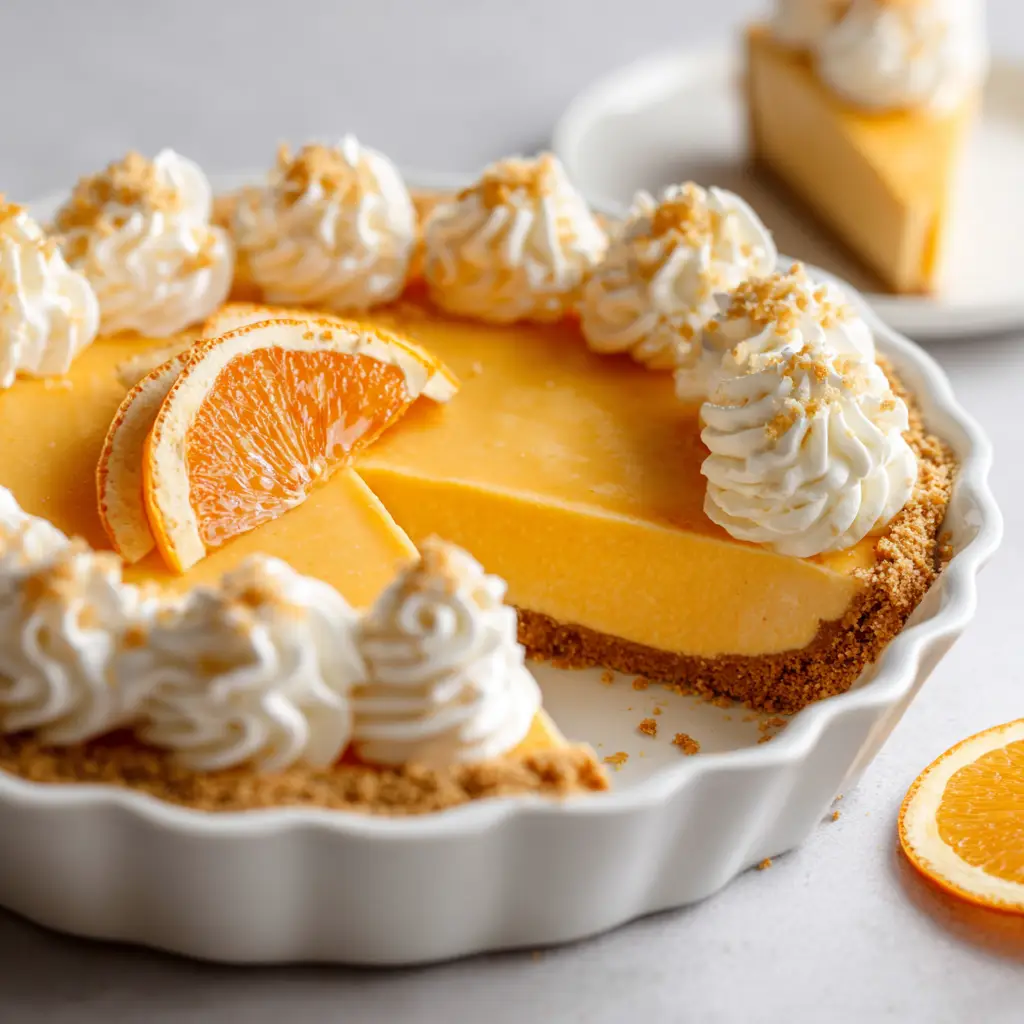 Close-up of a vibrant Orange Creamsicle Jello Pie showing the thick golden vanilla cookie crust and dense, uniform filling texture.