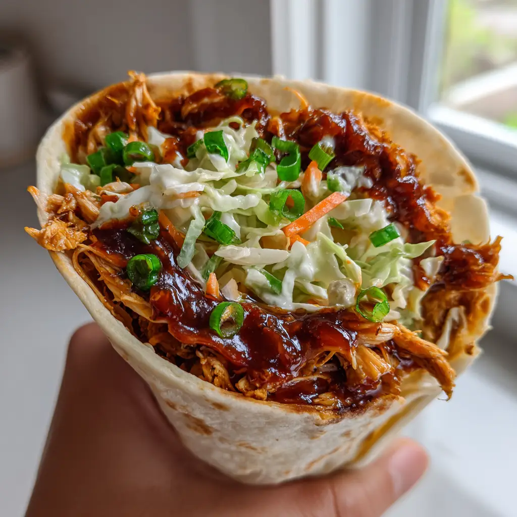 A close-up cross-section of a BBQ Chicken Coleslaw Wrap showing the thick reddish-brown sauce and white slaw.