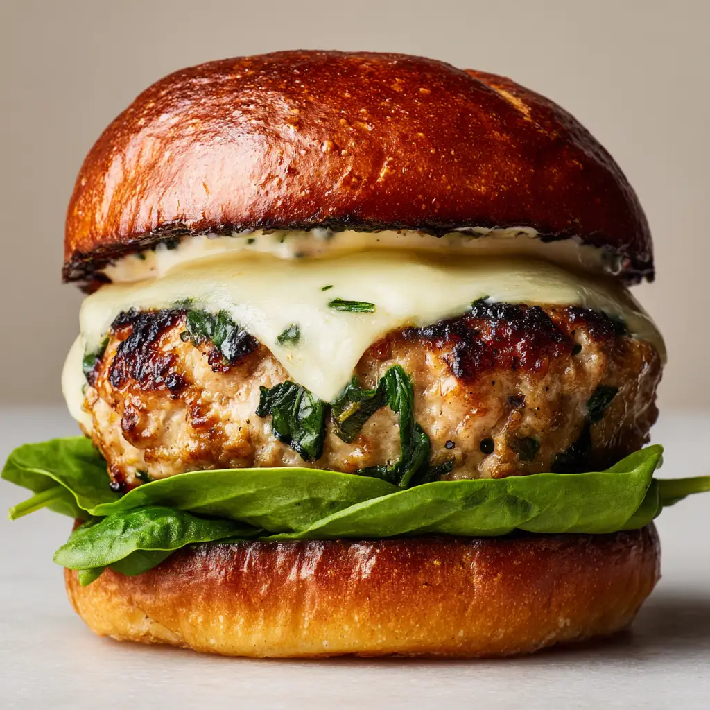 A handheld photo of a White Cheddar Spinach Chicken Burger showing vibrant green spinach flecks and a golden sear.