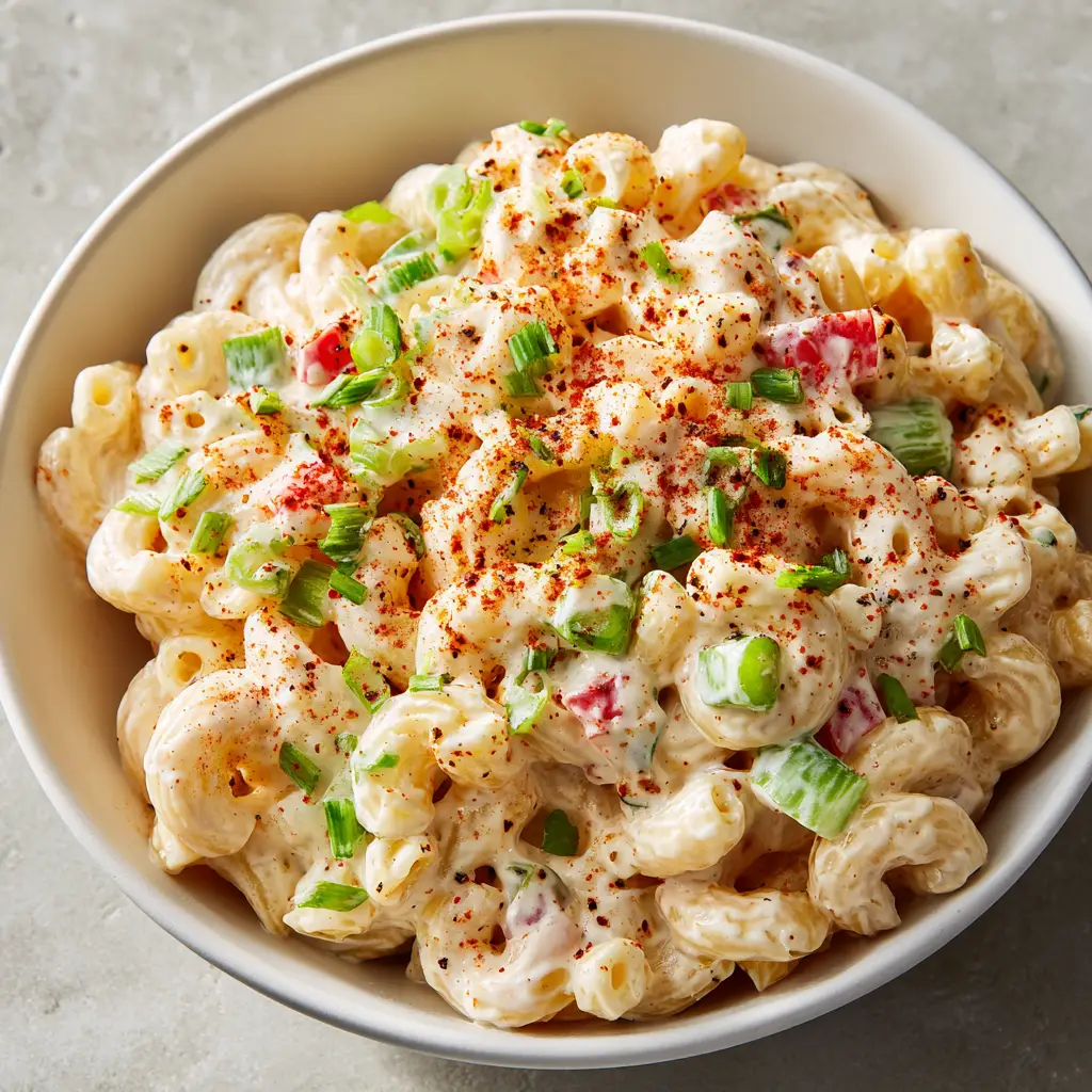 Close-up of Dolly Parton's Macaroni Salad with uniform diced celery and red bell peppers in a creamy dressing.