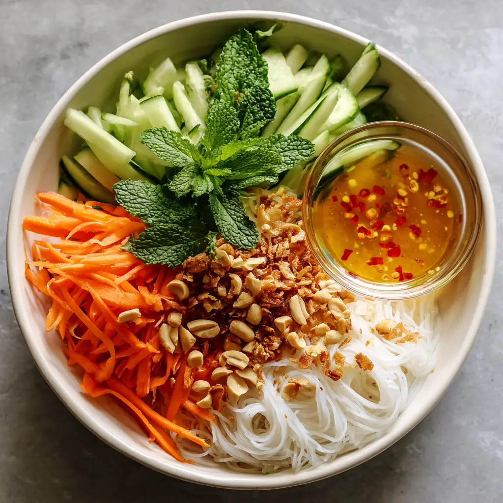 Close up handheld photo of Vietnamese Noodle Salad with rice vermicelli, fresh herbs, and crushed peanuts.