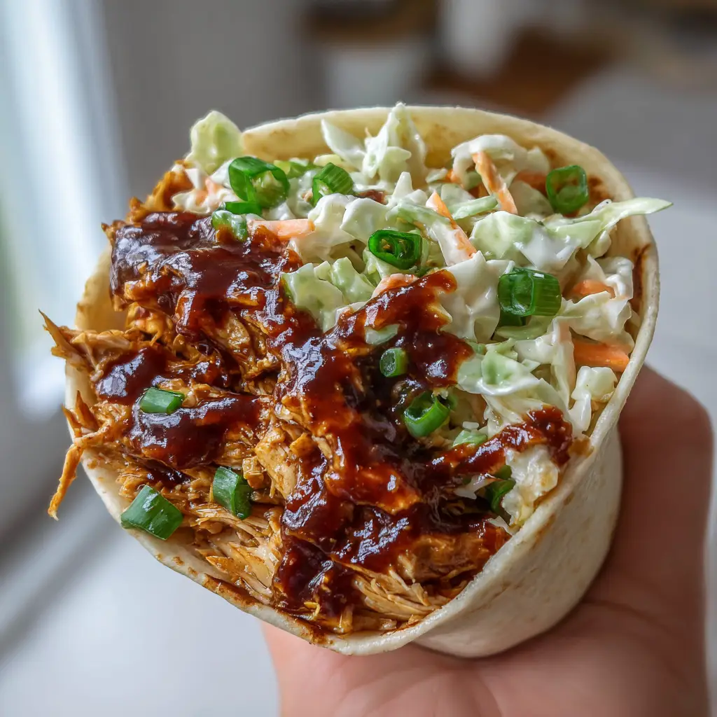 A handheld BBQ Chicken Coleslaw Wrap being held up to the camera in natural light.