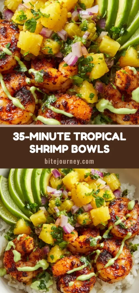 A high-angle shot of a Tropical Shrimp Rice Bowl featuring seared shrimp, pineapple salsa, and avocado slices in a white bowl.