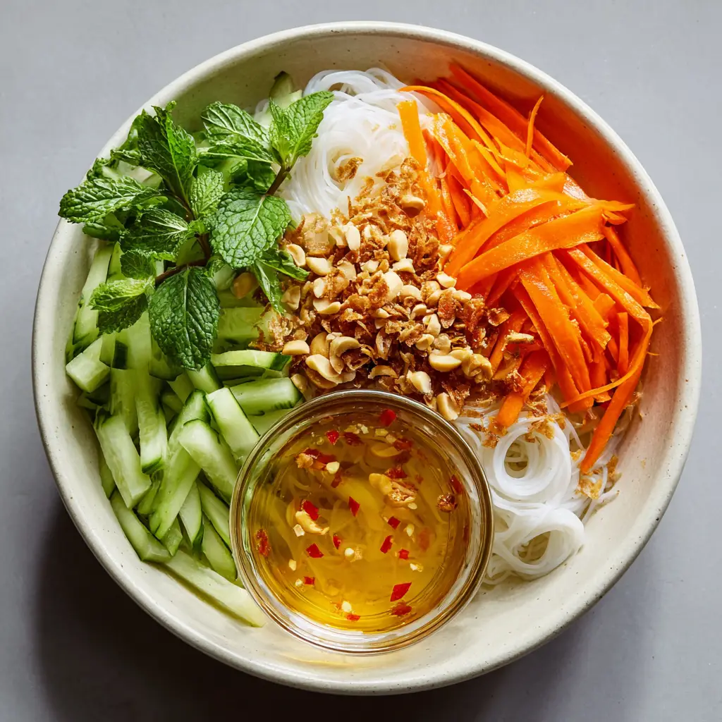 Traditional Vietnamese Noodle Salad served with a side of translucent amber Nước Chấm sauce.