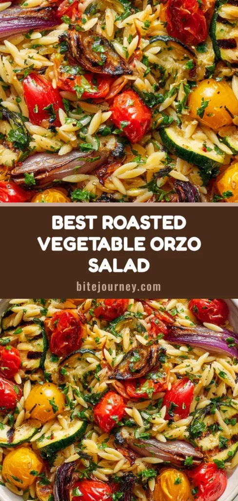A vibrant Roasted Vegetable Orzo Salad with blistered red and yellow cherry tomatoes and charred onions in a white bowl.