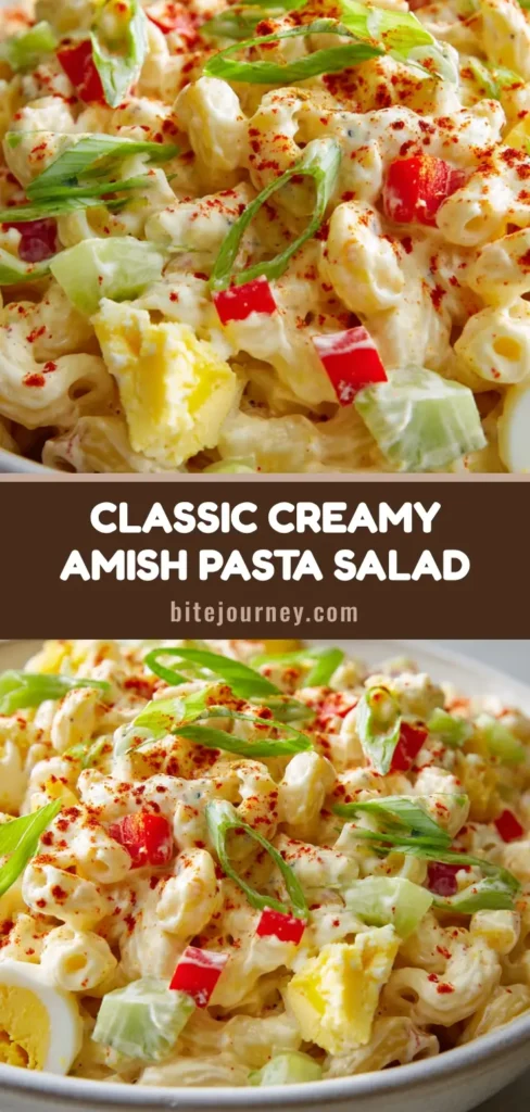 A white ceramic bowl of creamy Amish Pasta Salad with elbow macaroni, hard-boiled eggs, and red bell peppers, garnished with green onions and paprika.