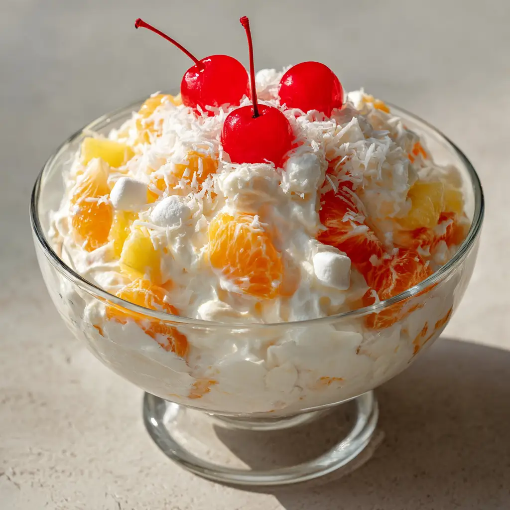 A close-up shot of creamy white Better Than Sex Fruit Salad showing visible folds of whipped cream and mandarin oranges.
