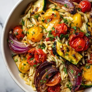 Top-down view of glossy Roasted Vegetable Orzo Salad with seared zucchini and fresh parsley.