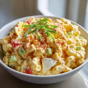 Handheld photo of a white bowl filled with glossy Amish Pasta Salad featuring large egg chunks and red peppers.