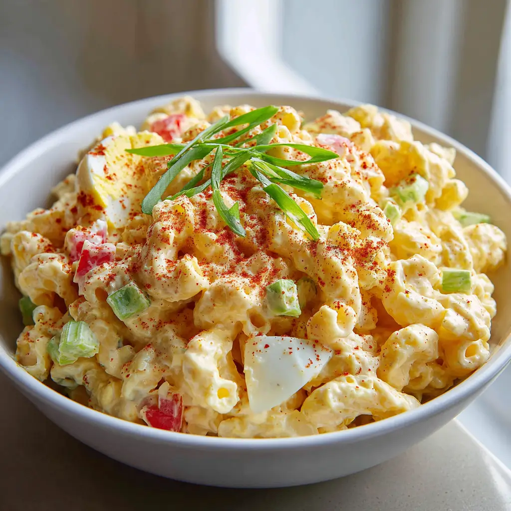 Handheld photo of a white bowl filled with glossy Amish Pasta Salad featuring large egg chunks and red peppers.