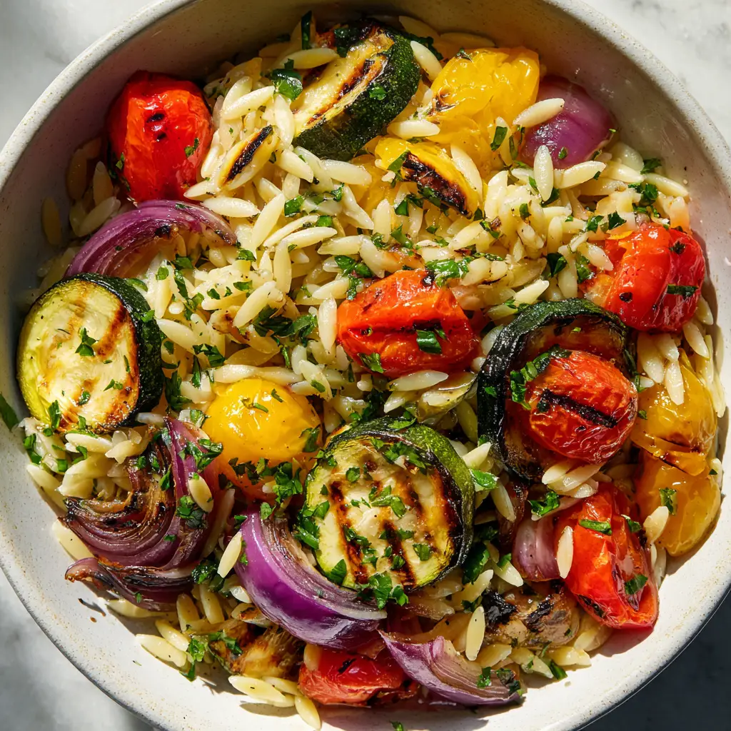 Detailed shot of blistered yellow and red cherry tomatoes in an orzo pasta salad.