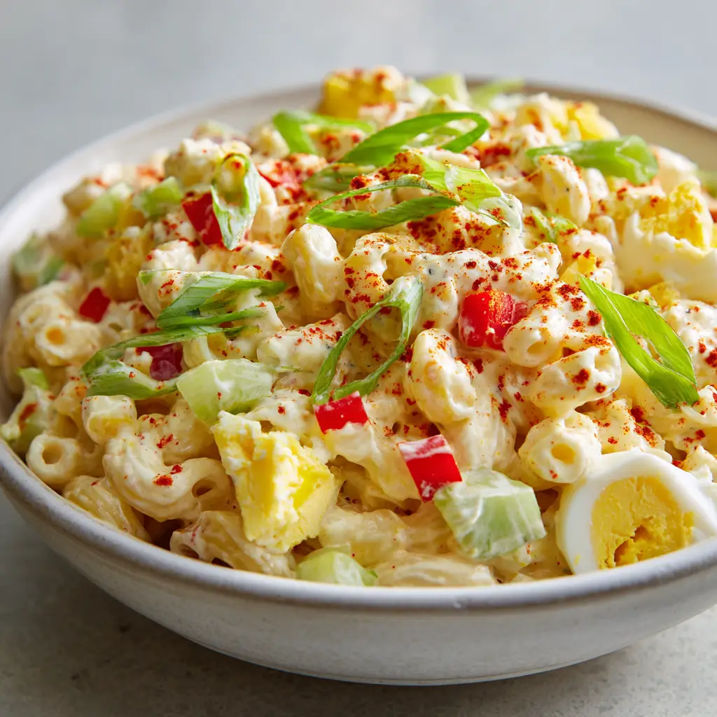 Overhead close-up of Amish Pasta Salad showing the bright yellow egg yolks and green scallion garnish.