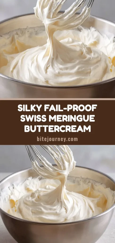 A close-up of glossy ivory-white peaks of frosting from this Swiss Meringue Buttercream Recipe on a silver whisk. (Swiss Meringue Buttercream Recipe)