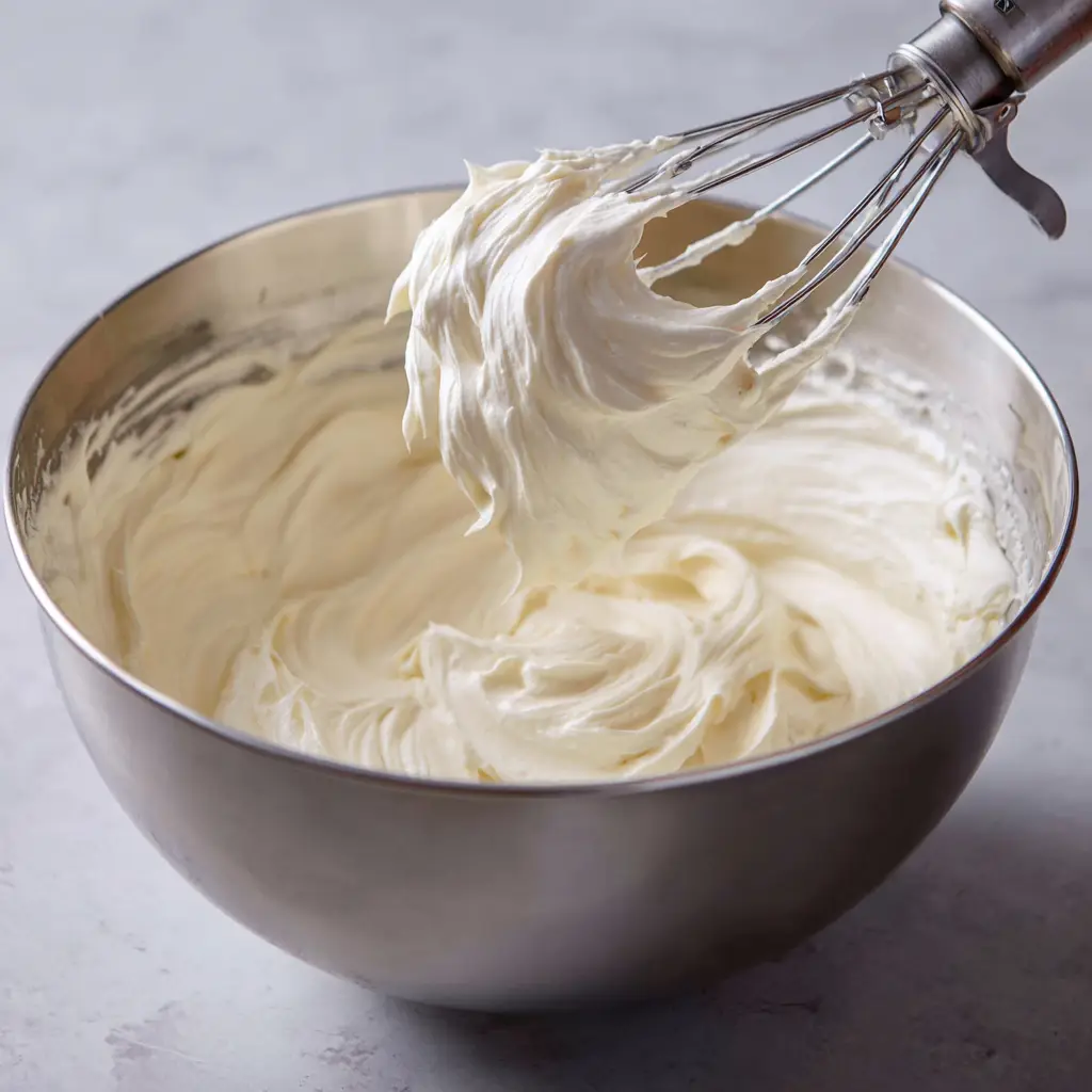 Thick and velvety Swiss Meringue Buttercream being lifted by a whisk attachment in a stainless bowl. (Swiss Meringue Buttercream Recipe)