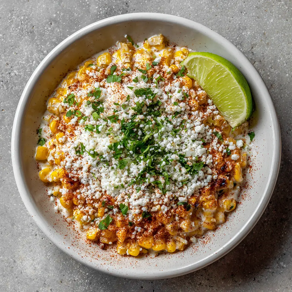 Overhead view of charred golden corn kernels in a thick white cream sauce. (Mexican Street Corn Recipe)