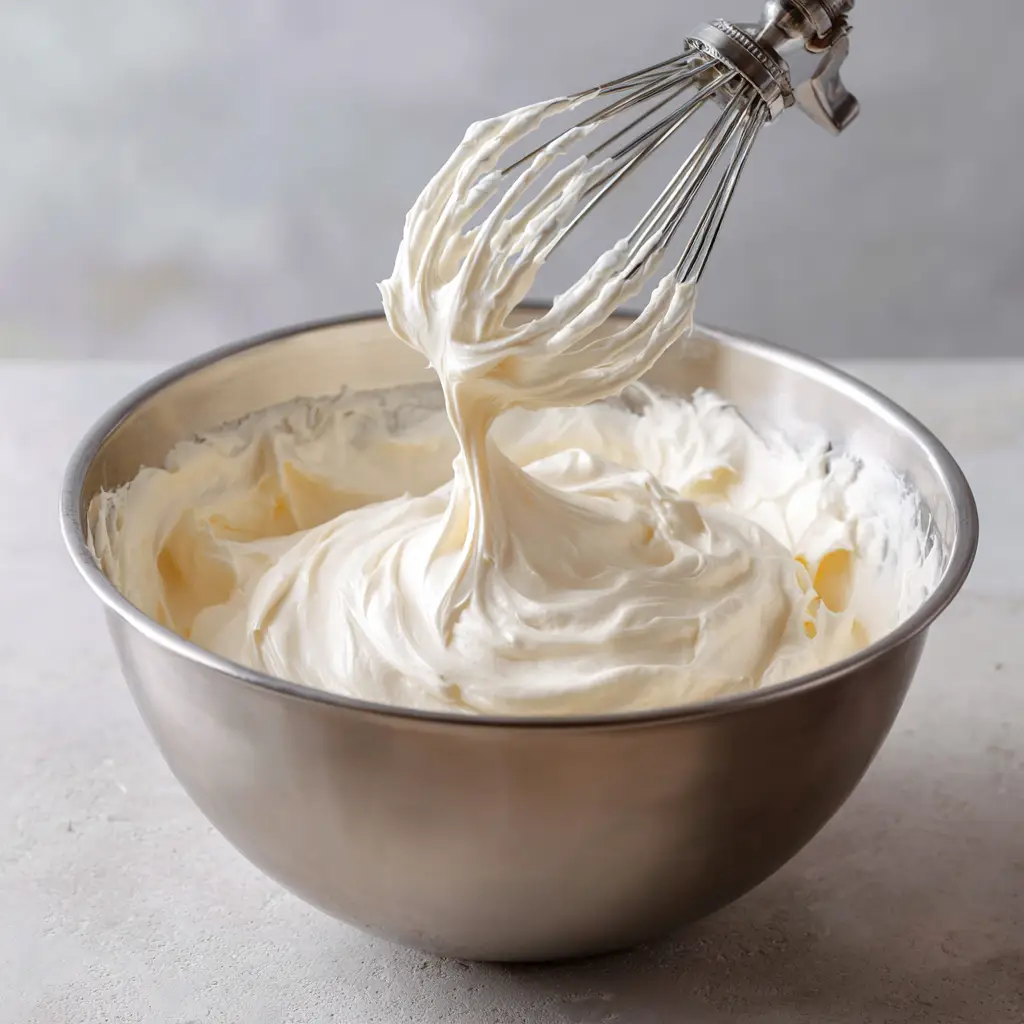 Close-up detail of smooth ivory-white buttercream with no air bubbles in a mixing bowl.