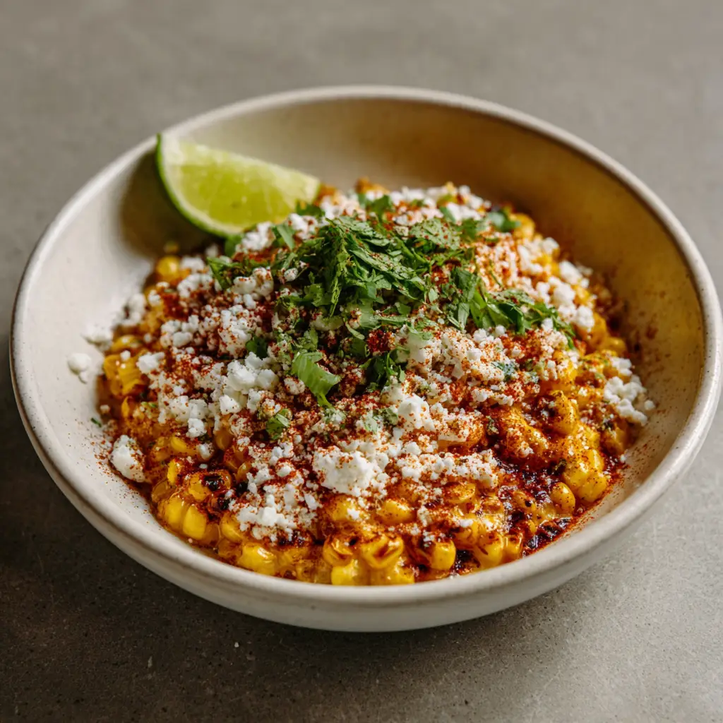 A close up of Mexican Street Corn topped with Cotija cheese and red chili powder.