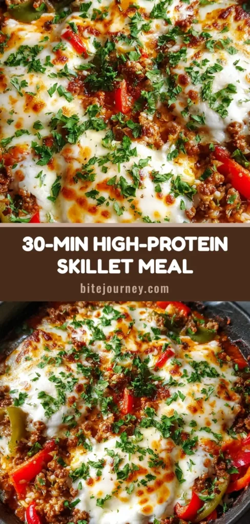 Unstuffed Pepper Skillet: The Easiest 30-Minute Cheesy Dinner 4 A black cast iron skillet filled with Unstuffed Pepper Skillet featuring ground beef, rice, bell peppers, and melted scorched mozzarella topped with parsley.