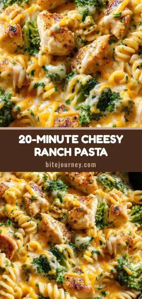 A close-up vertical view of Cheesy Ranch Chicken Pasta with rotini and broccoli in a cast iron skillet.