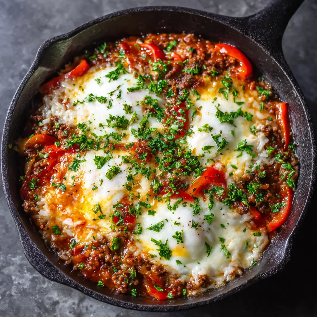 Close up view of browned ground beef crumbles and softened red and green bell peppers in an Unstuffed Pepper Skillet.
