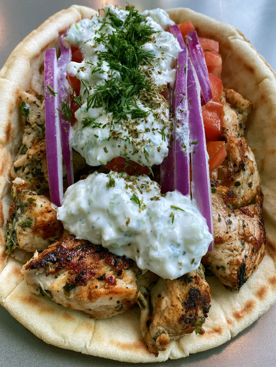 Close-up of Greek Chicken Gyros showing the texture of the seared herb chicken and creamy tzatziki sauce.