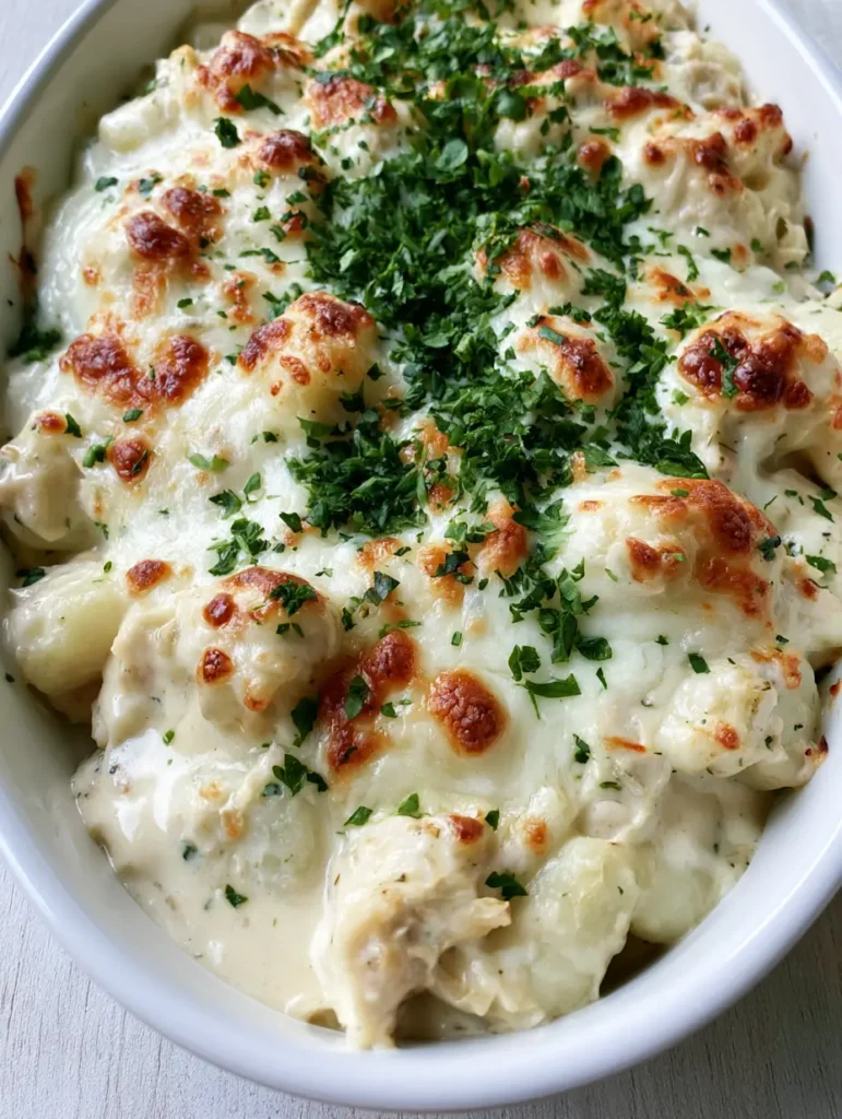 Handheld smartphone photo of Chicken Alfredo Gnocchi Bake showing the thick glossy ivory sauce and melted cheese textures.