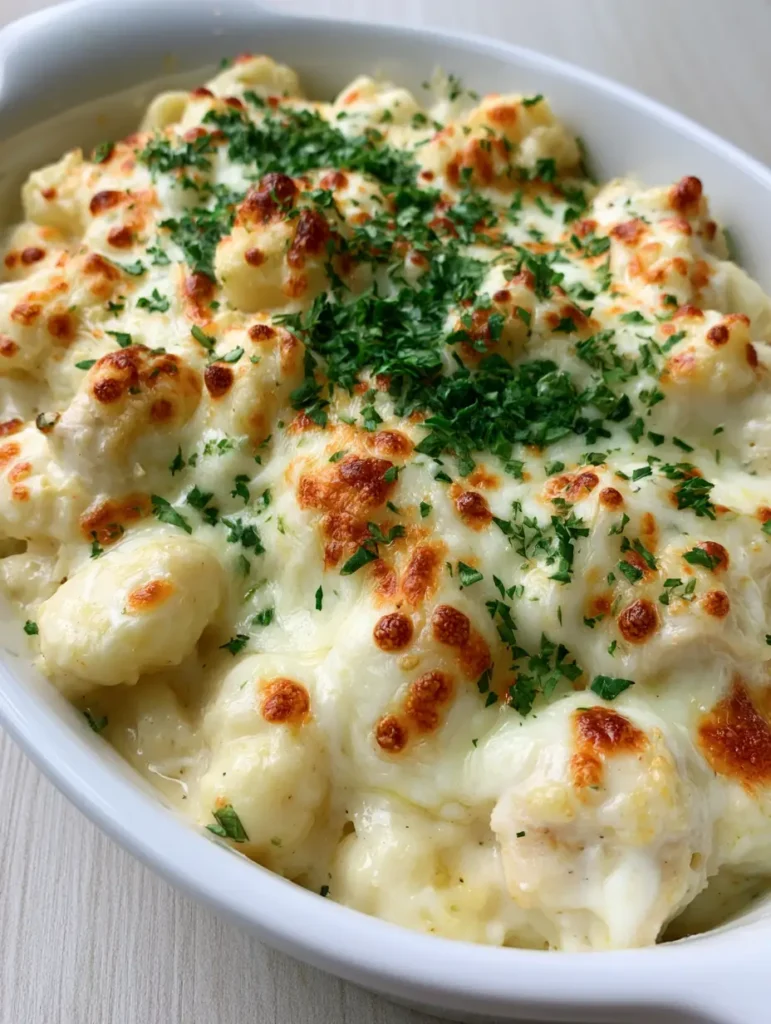Extreme close-up of golden brown toasted cheese bubbles on top of the Chicken Alfredo Gnocchi Bake.