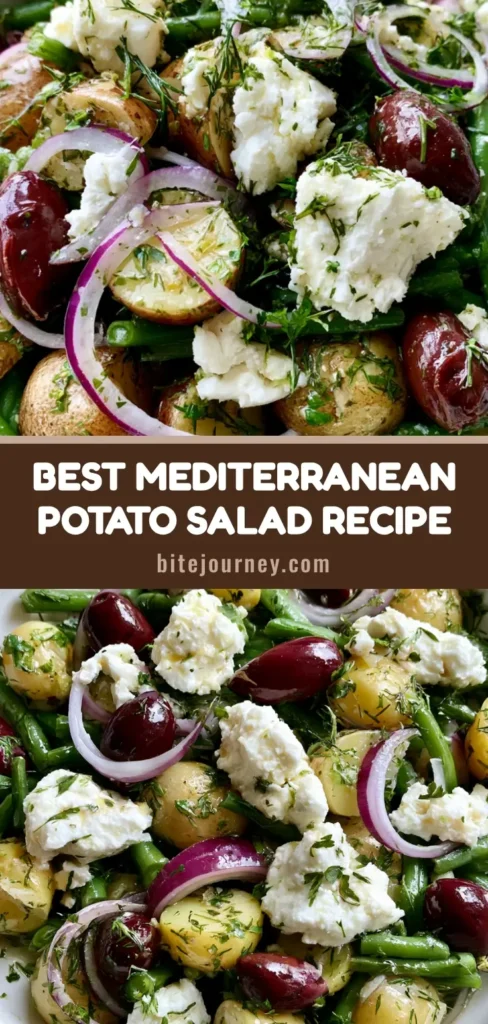 Mediterranean Potato Salad with Lemon Herb Vinaigrette 3 A handheld smartphone photo of Mediterranean Potato Salad in a white bowl with halved baby gold potatoes, green beans, feta cheese, and kalamata olives.