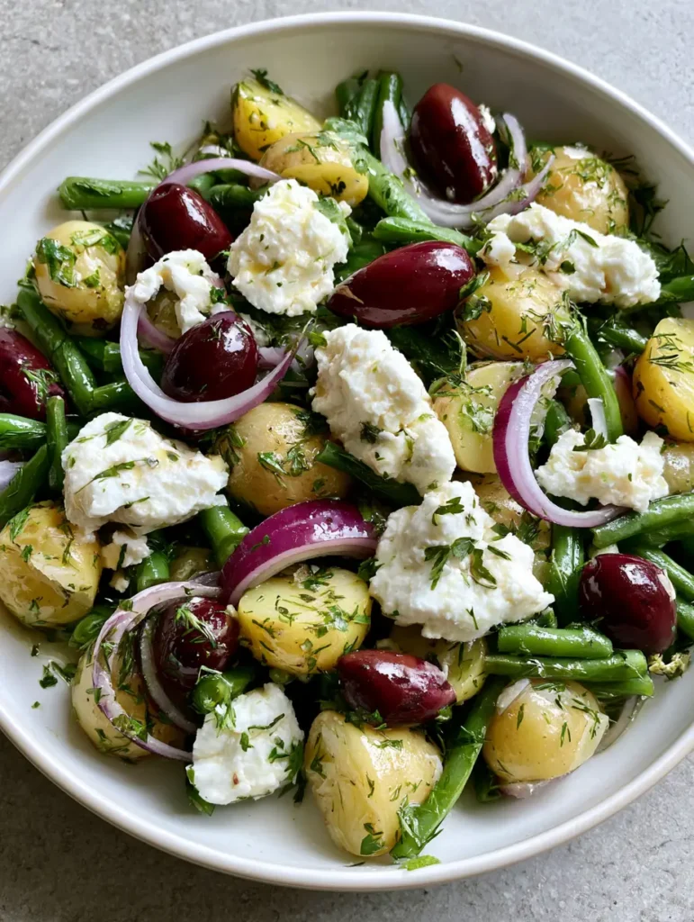 Top view of a Mediterranean Potato Salad featuring vibrant green beans, creamy baby gold potatoes, and chunky feta crumbles.