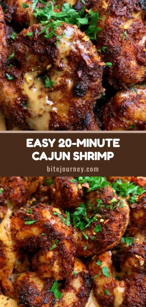 A close-up of Crispy Cajun Shrimp with a blackened rub and creamy orange sauce in a dark bowl.
