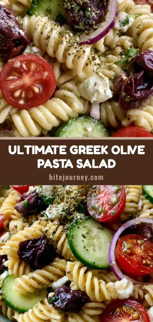 A top-down view of Greek Olive Pasta Salad in a rustic bowl featuring rotini, dark purple kalamata olives, red cherry tomatoes, and crumbled feta cheese.