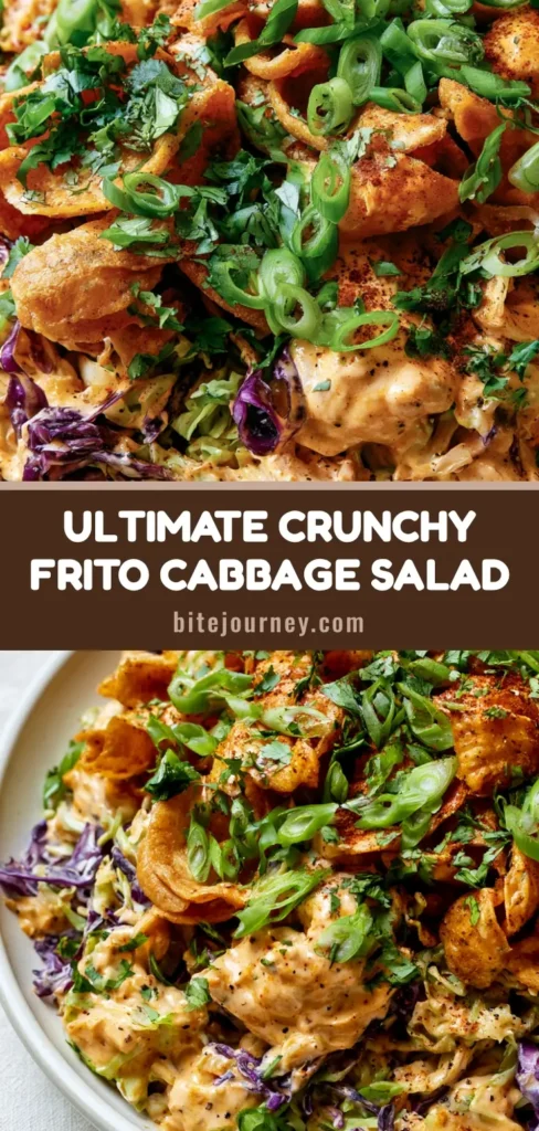 A shallow white bowl overflowing with Frito Cowboy Cabbage, featuring shredded purple and green cabbage, creamy orange dressing, and a mountain of crunchy Frito corn chips garnished with cilantro. (Frito Cowboy Cabbage)