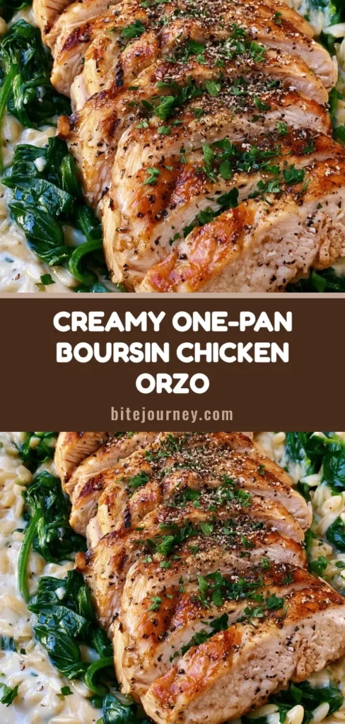 A dark cast iron skillet filled with Creamy Boursin Chicken Orzo, featuring golden sliced chicken breasts, wilted spinach, and fresh parsley garnish.