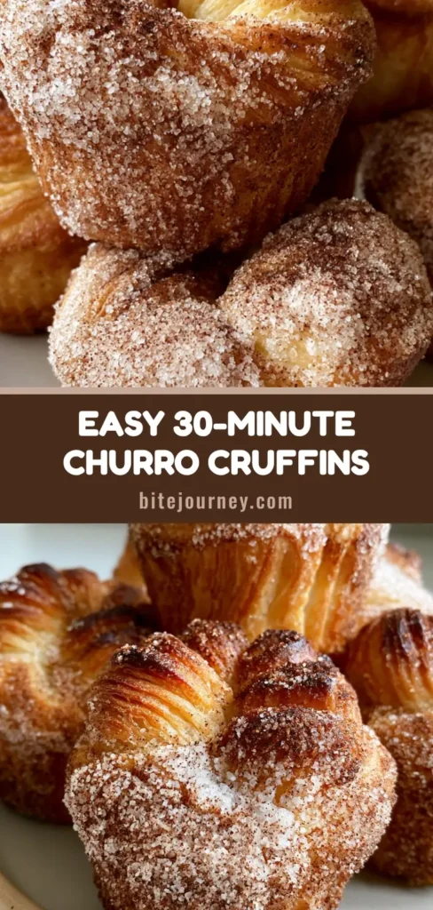 Churro Cruffins: The Ultimate Dulce de Leche Stuffed Pastry 4 A close-up vertical shot of several tall Churro Cruffins with visible buttery layers and a thick cinnamon sugar coating. (Churro Cruffins)