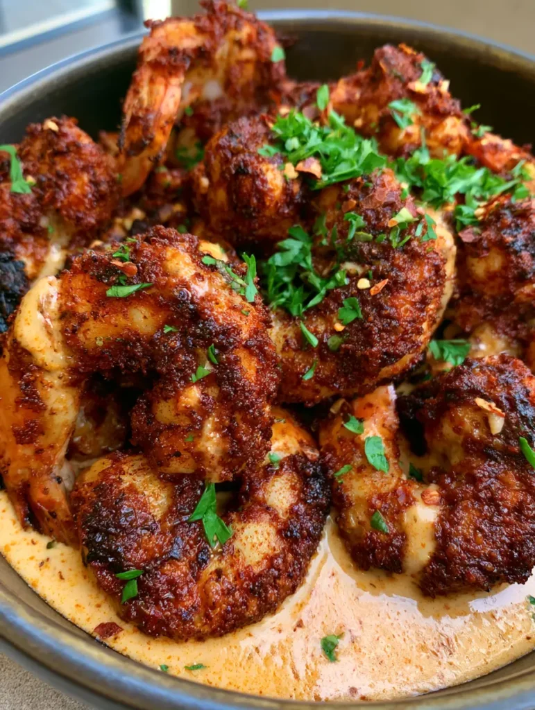 Close-up of seared Crispy Cajun Shrimp showing the textured dark red-brown rub and charred edges.