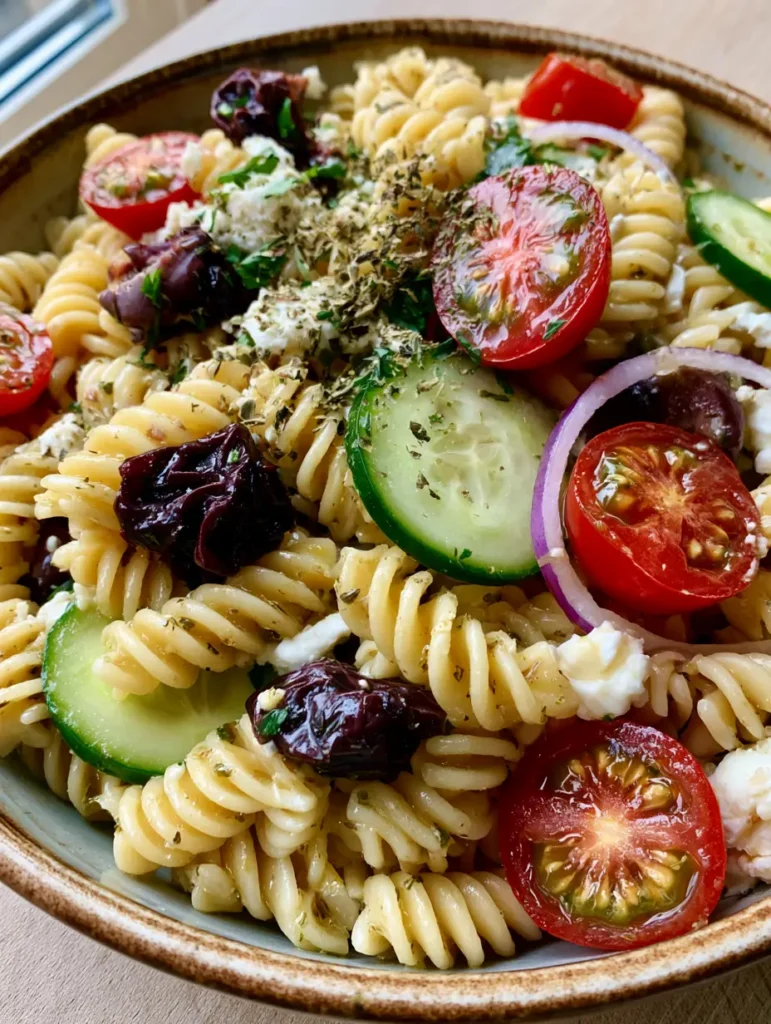 Close-up of Greek Olive Pasta Salad showing textured rotini spirals, wrinkled kalamata olives, and fresh green cucumber slices.