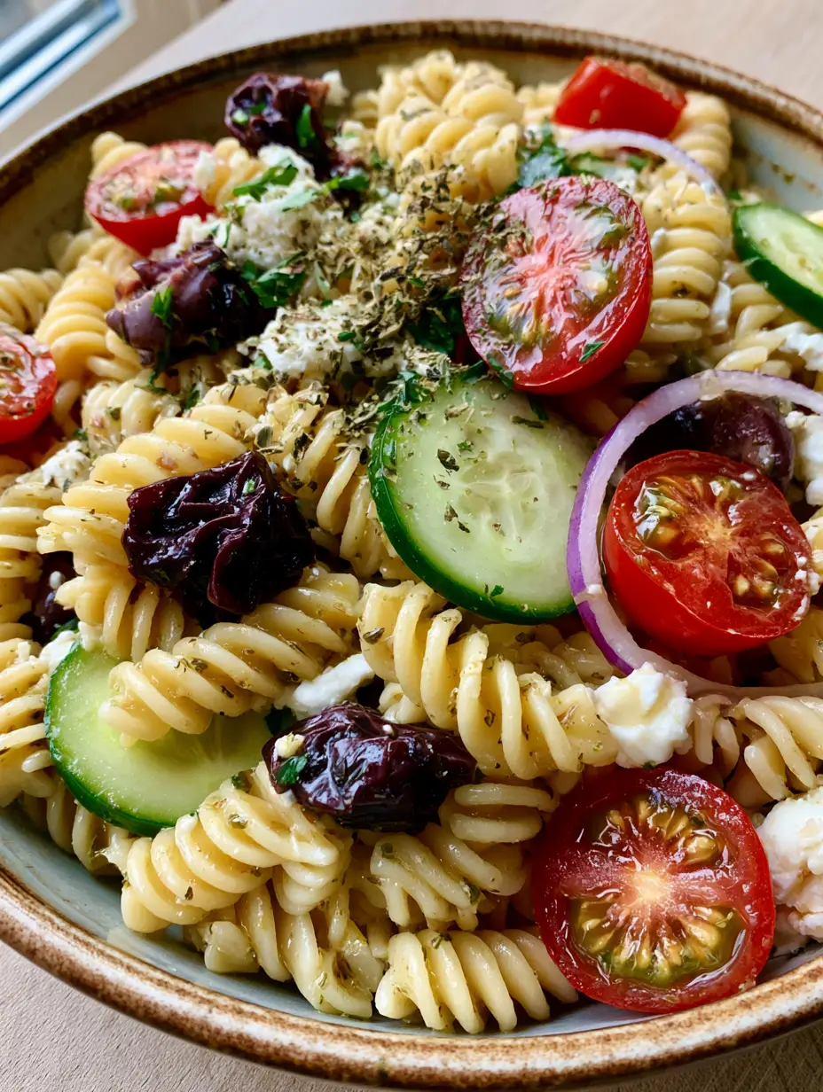 Close-up of Greek Olive Pasta Salad showing textured rotini spirals, wrinkled kalamata olives, and fresh green cucumber slices.