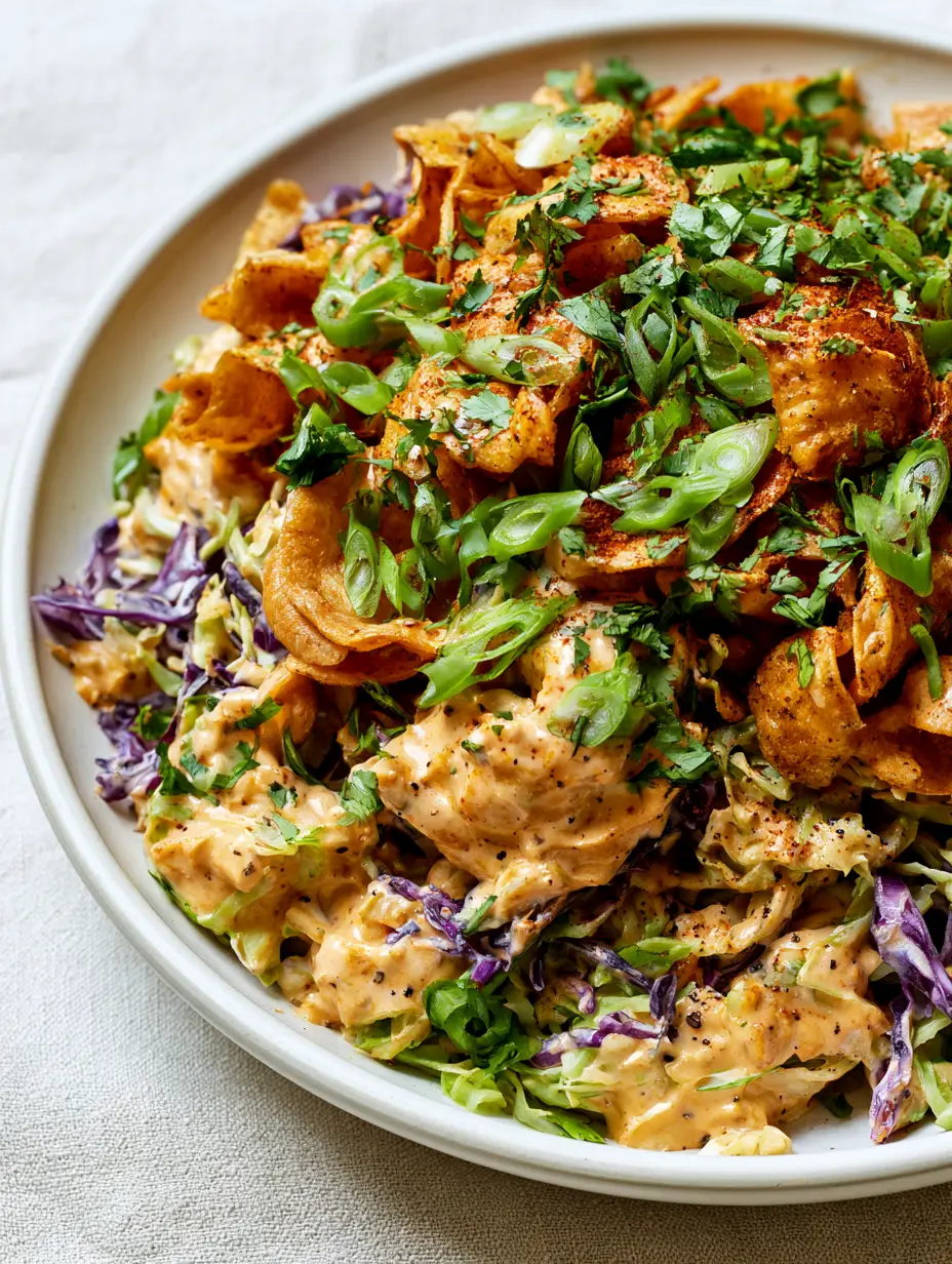Meticulously detailed close-up of Frito Cowboy Cabbage showing the texture of the creamy orange dressing and the cracked black pepper specks. (Frito Cowboy Cabbage)