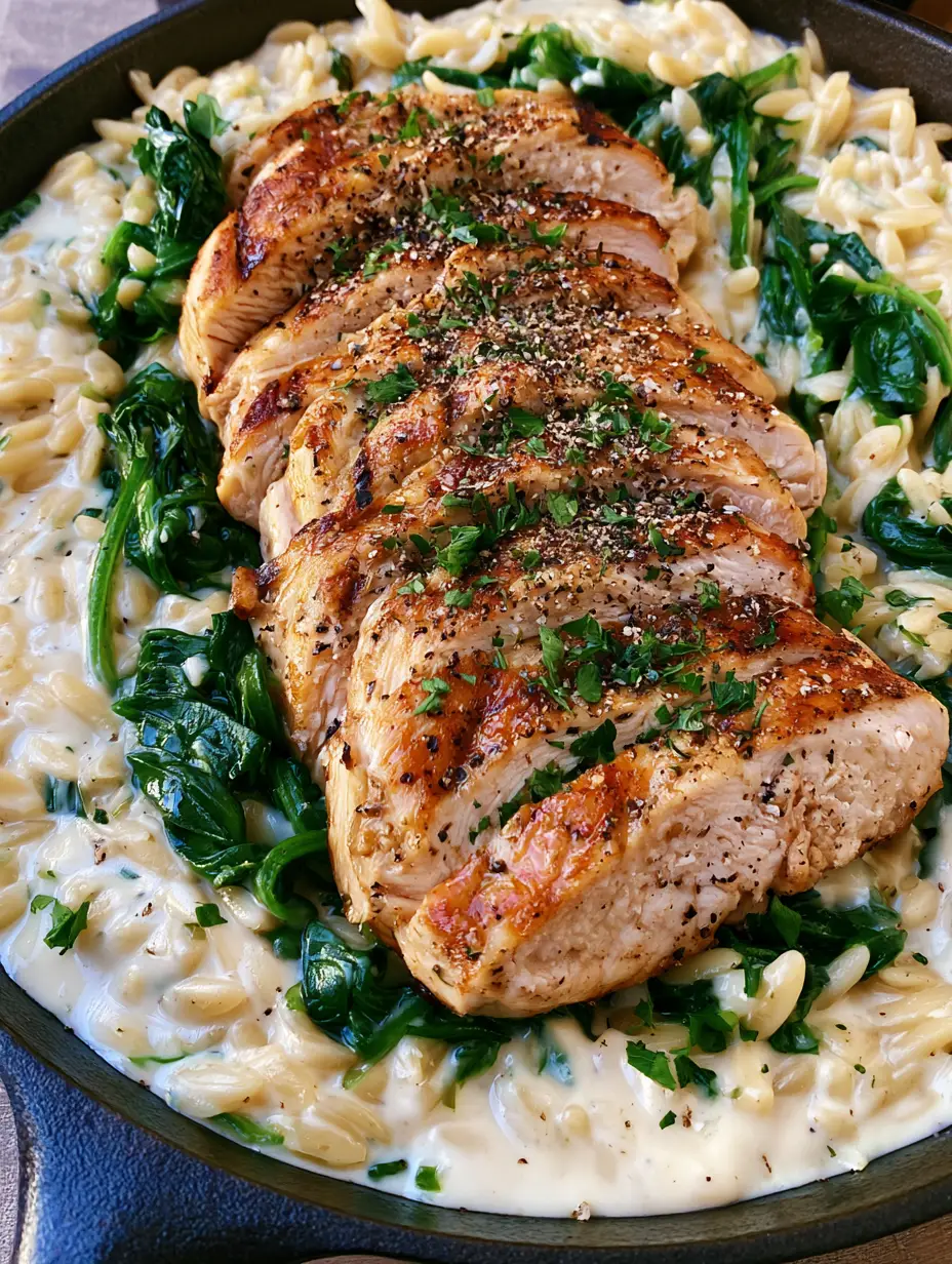 Close-up handheld shot of a one-pan Creamy Boursin Chicken Orzo showing the velvety texture of the sauce and grilled chicken marks.