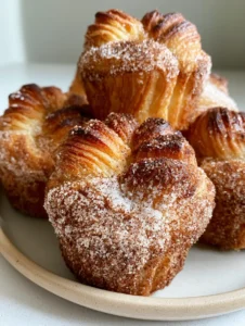 Handheld photo of golden-brown Churro Cruffins on a ceramic plate showing sparkling sugar crystals. (Churro Cruffins)