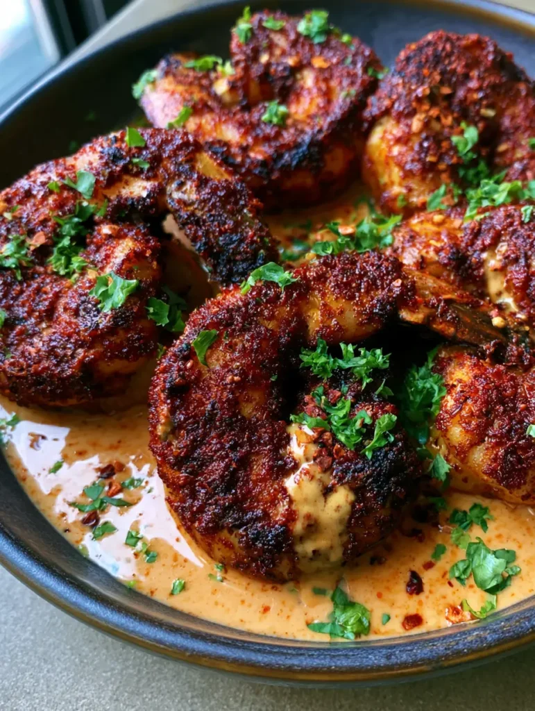 Crispy Cajun Shrimp drizzled with a pale orange sauce and garnished with parsley and red pepper flakes.