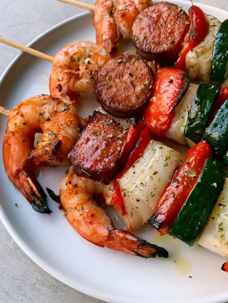 Close-up of wooden skewers with grilled shrimp, smoked sausage, and red bell peppers with visible oregano flecks and black pepper.