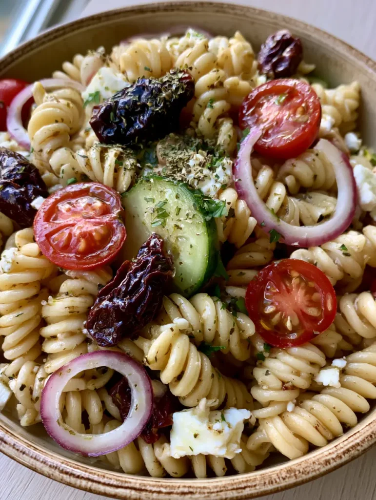 A vibrant bowl of Greek Olive Pasta Salad with red onion rings, cherry tomatoes, and fresh parsley flakes.