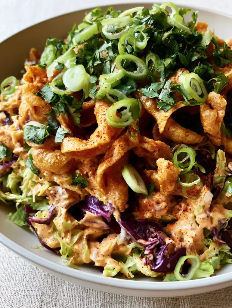 Rustic plating of Frito Cowboy Cabbage on an off-white linen background with bright green scallions and a dusting of chili powder.