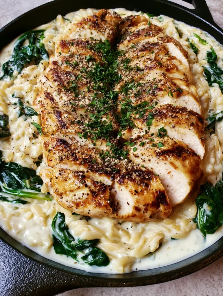 Top-down view of Creamy Boursin Chicken Orzo in a skillet with fresh spinach and cracked black pepper.