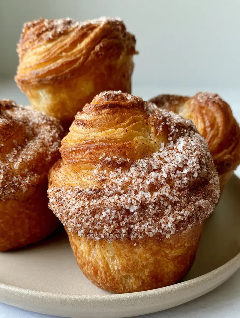 Churro Cruffins: The Ultimate Dulce de Leche Stuffed Pastry 1 Detailed view of the spiraled croissant dough layers in a Churro Cruffin.