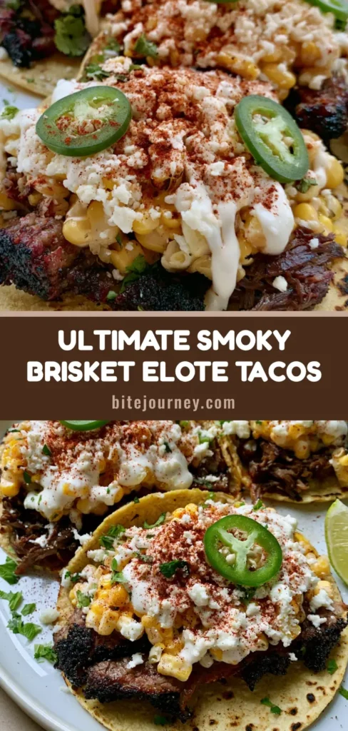 Smoky Brisket Elote Tacos: The Ultimate Tex-Mex Fusion 3 Three Smoky Brisket Elote Tacos on a white plate with charred tortillas, shredded brisket, elote corn, and cotija cheese.