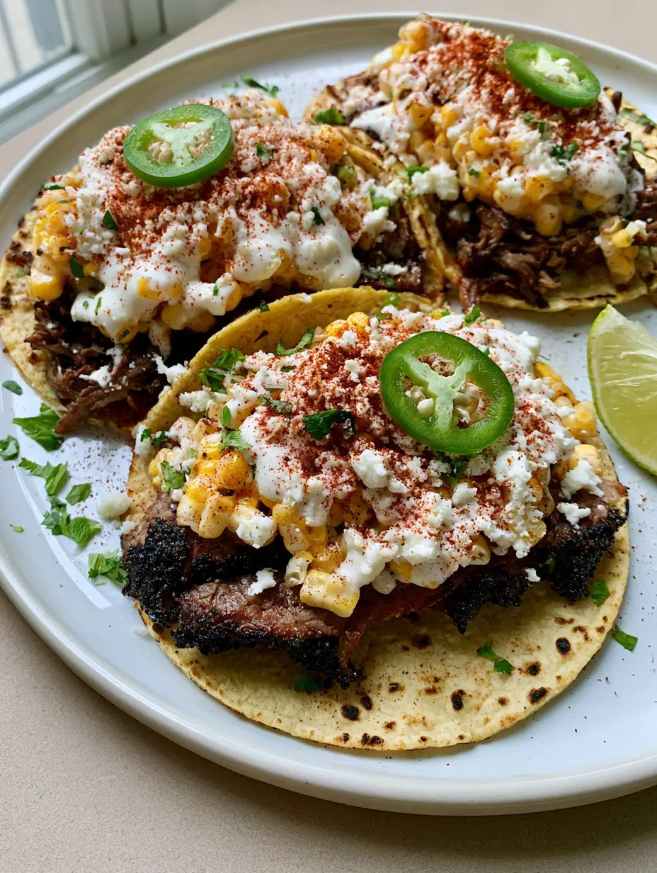 A close up handheld shot of Smoky Brisket Elote Tacos with visible peppery bark and creamy elote toppings.
