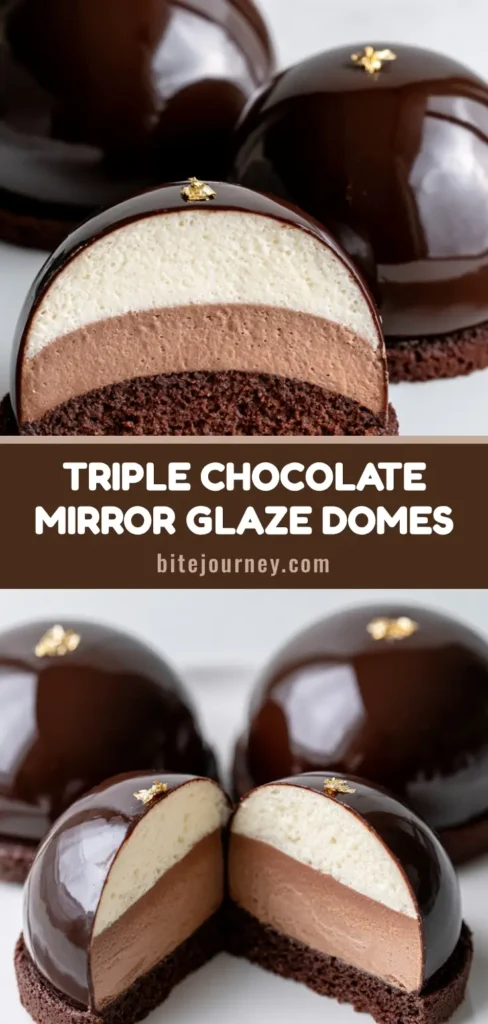 A group of elegant Triple Chocolate Mousse Domes with a shiny dark chocolate mirror glaze and gold leaf garnish on a white plate.