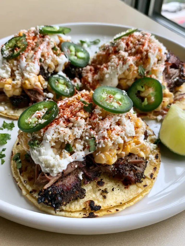Smoky Brisket Elote Tacos: The Ultimate Tex-Mex Fusion 1 A handheld smartphone photo of three street-style Smoky Brisket Elote Tacos on a white ceramic plate.